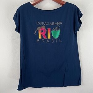 Tropicalcore Copacabana Rio Brasil Graphic Tee Blue Studded Rhinestone Shirt